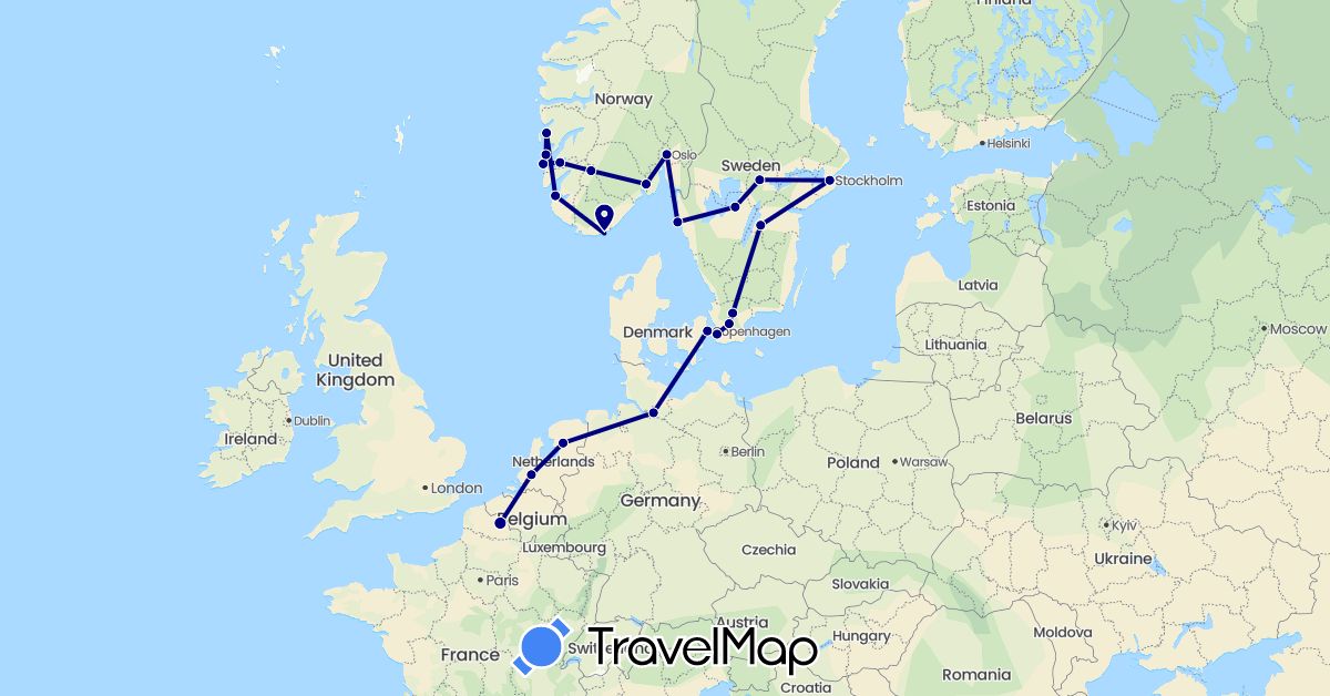 TravelMap itinerary: driving in Germany, Denmark, France, Netherlands, Norway, Sweden (Europe)